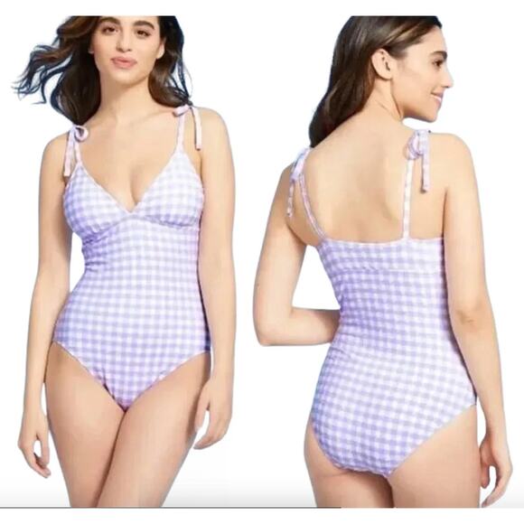 Kona Sol Purple Plaid One-Piece Bathing Suit Small - Picture 1 of 10